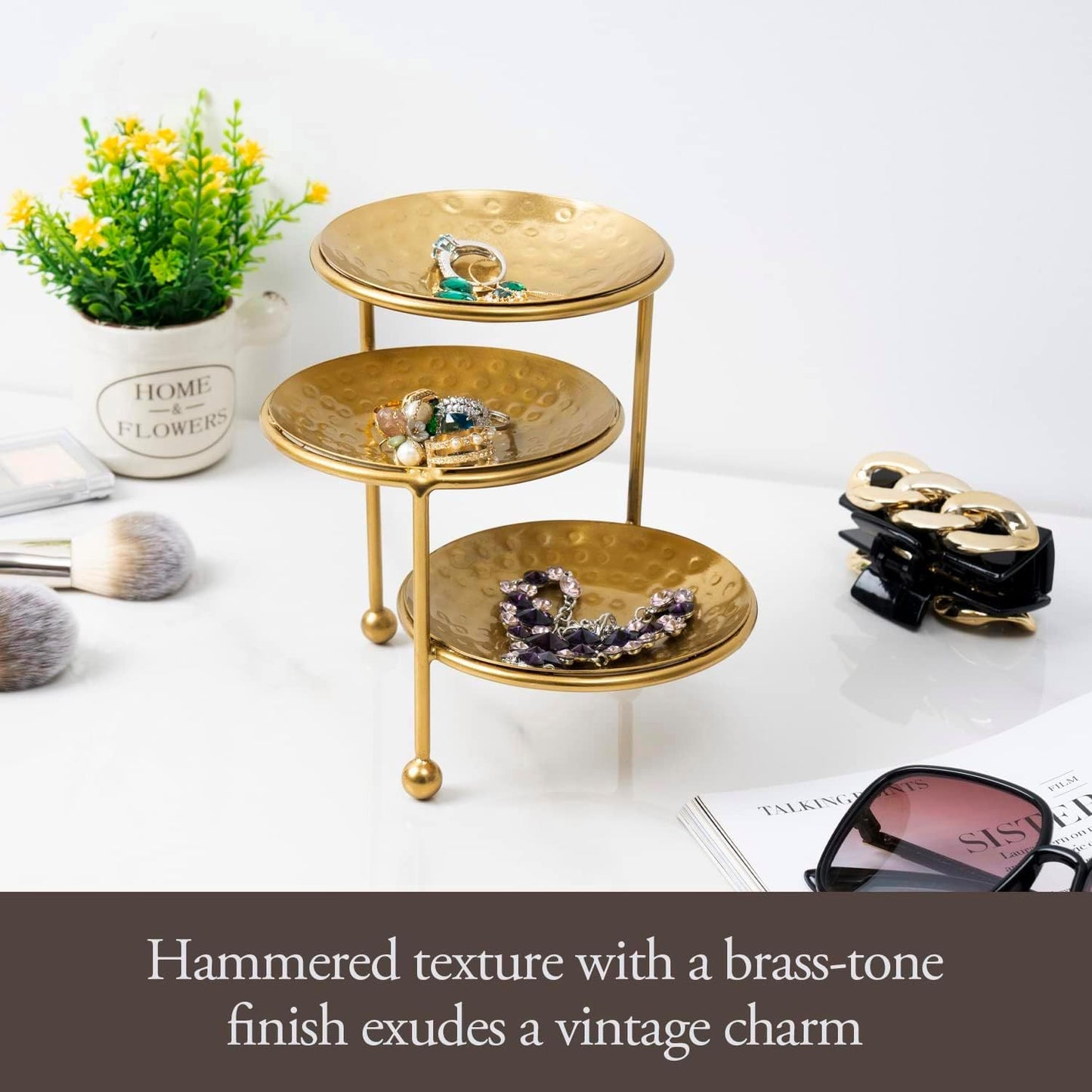 Hammered Brass Plated Metal Ring Tray / Brass, 3 Tier