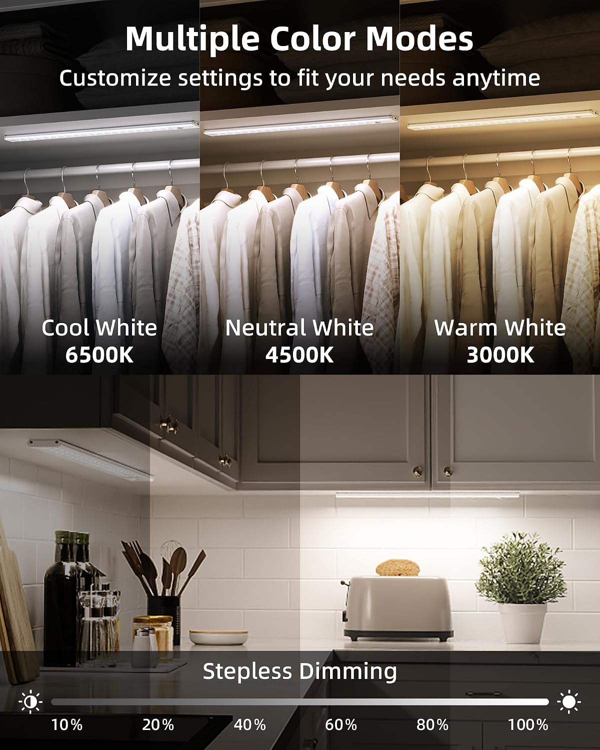 17" Under Cabinet Lights, Motion Sensor Light, Wireless Closet Lights, 3 Color Temps, 4000mAh Rechargeable, Magnetic