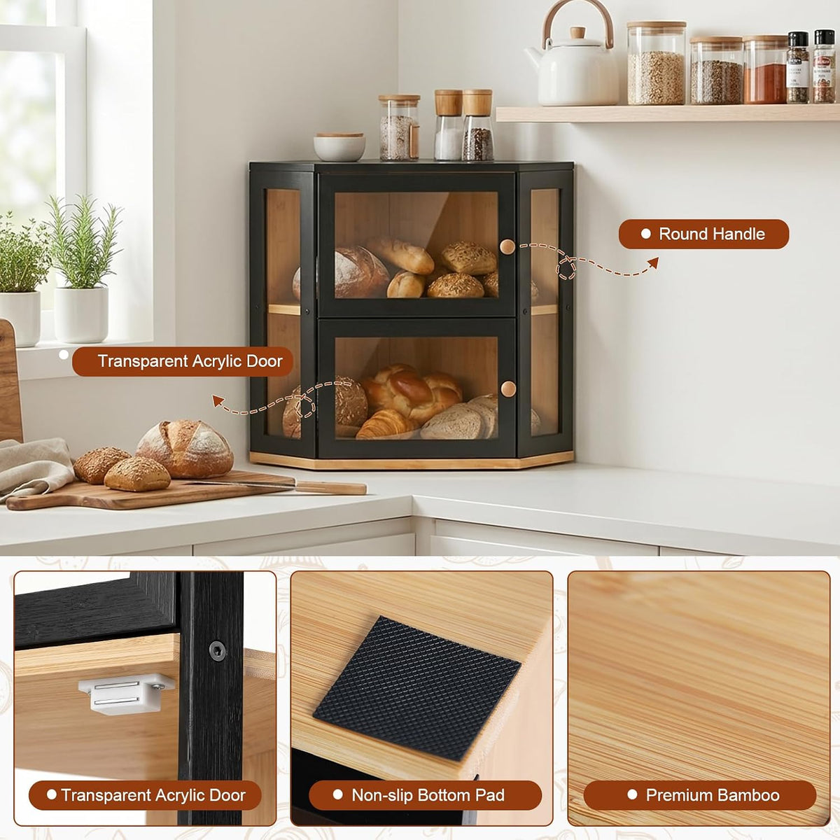 Black Corner Bread Box for Kitchen Countertop,Large Bread box | 2 Tier Bamboo Wood Corner Bread Box for Homemade Bread