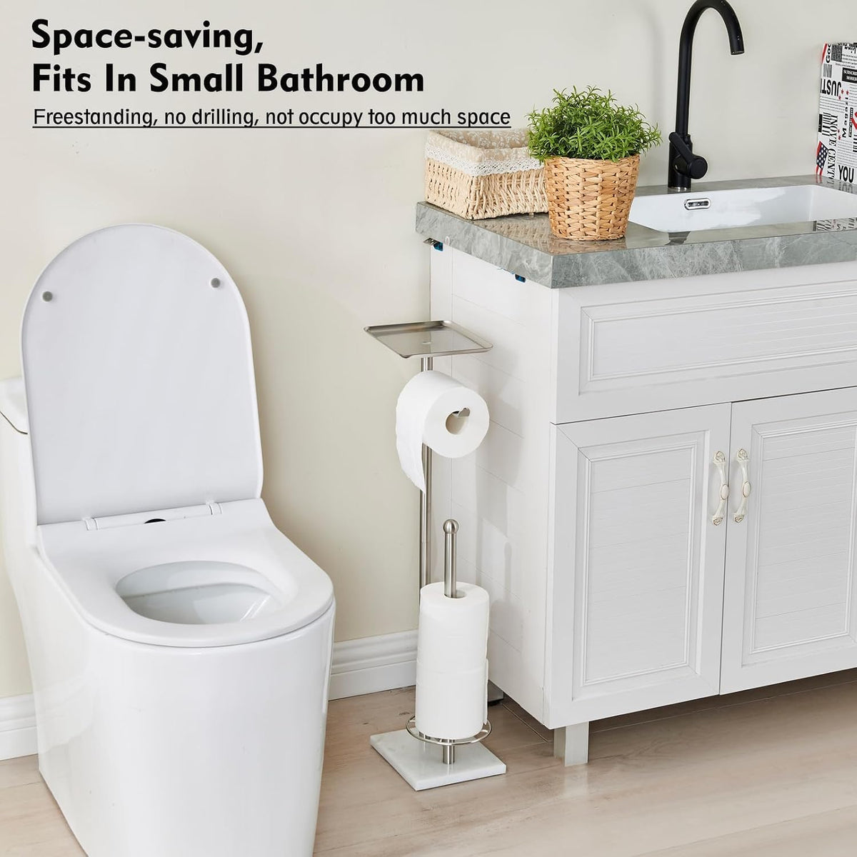 Toilet Paper Holder with Shelf, Free Standing Toilet Paper Holder with Storage - Toilet Paper Stand for Holding Extra 3