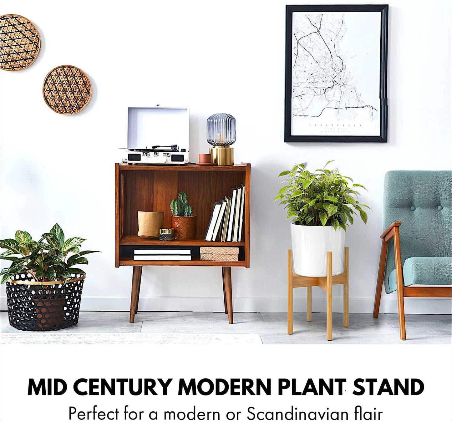 Fox & Fern Mid Century Plant Stands for Indoor Planters, Bamboo, 8 Inch | Plug In Design, Holds 150 lbs, Two High