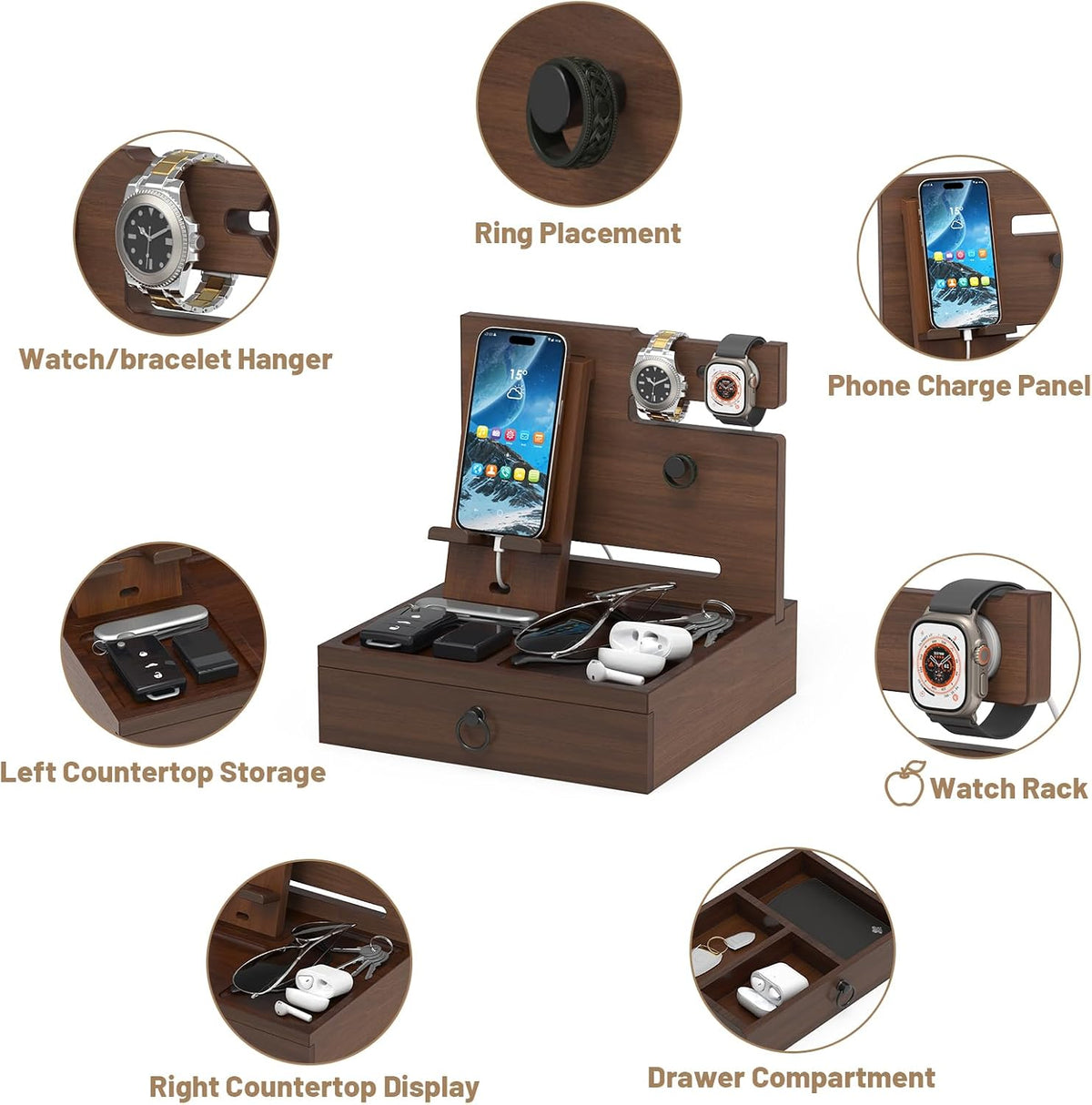 Wood Phone Docking Station, Nightstand Organizer with Drawer | Bedside Table Organizer for Watch & Accessories