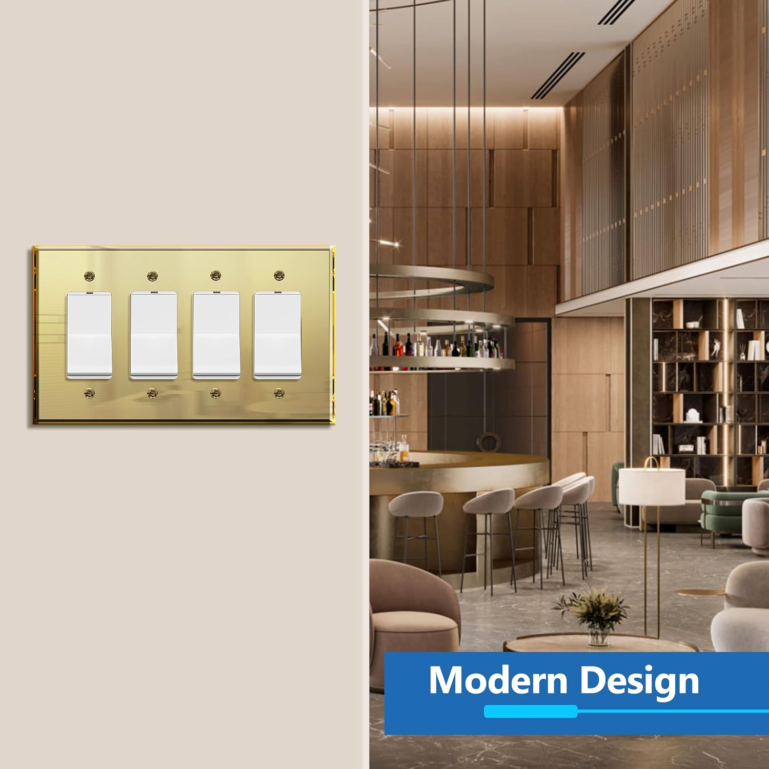 LIDER Reflective Decorator Wall Plate, Oversized 4-Gang, Mirror Glass Gold | Mirrored Light Switch Plate, Plexiglass