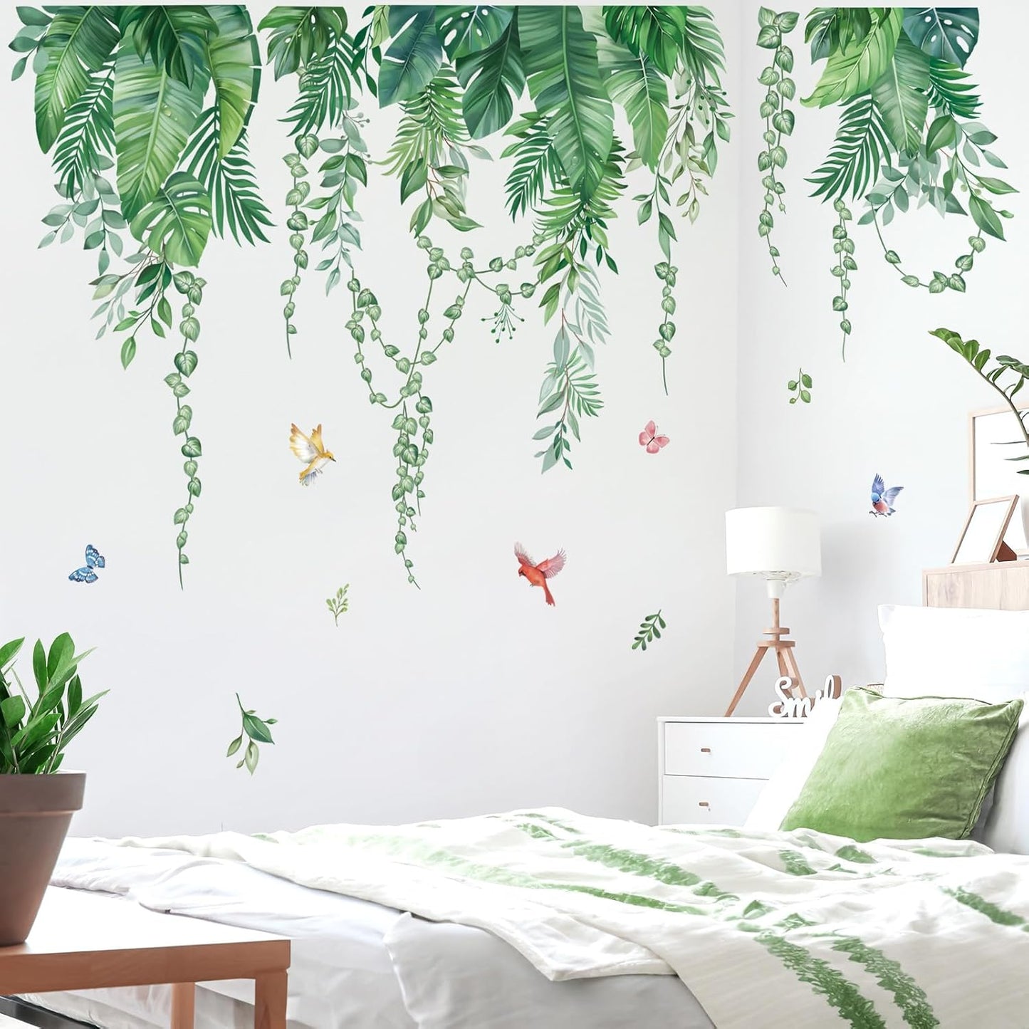 Green Tropical Leaves Wall Stickers Hanging Vines Palm Leaf Plants Peel and Stick / Green Leaves