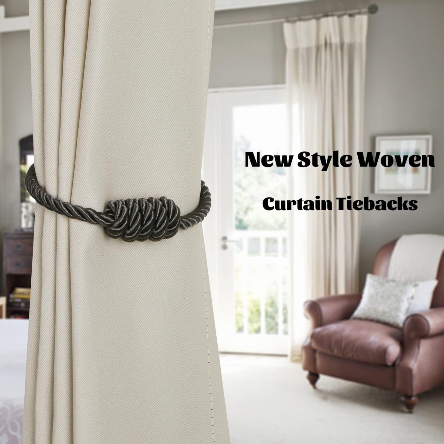 BEL AVENIR Magnetic Curtain Tiebacks 6 Pack Hand-Woven Curtain Ties | Charcoal Decorative Curtain Holdbacks Bohemian