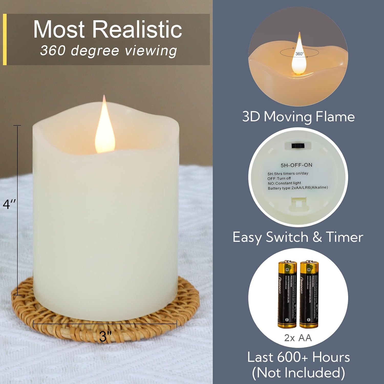 Flameless Candles Battery Operated with Remote Timer, 3D Moving Flame Flickering, Last 600+ Hours Battery Candles, 3" x
