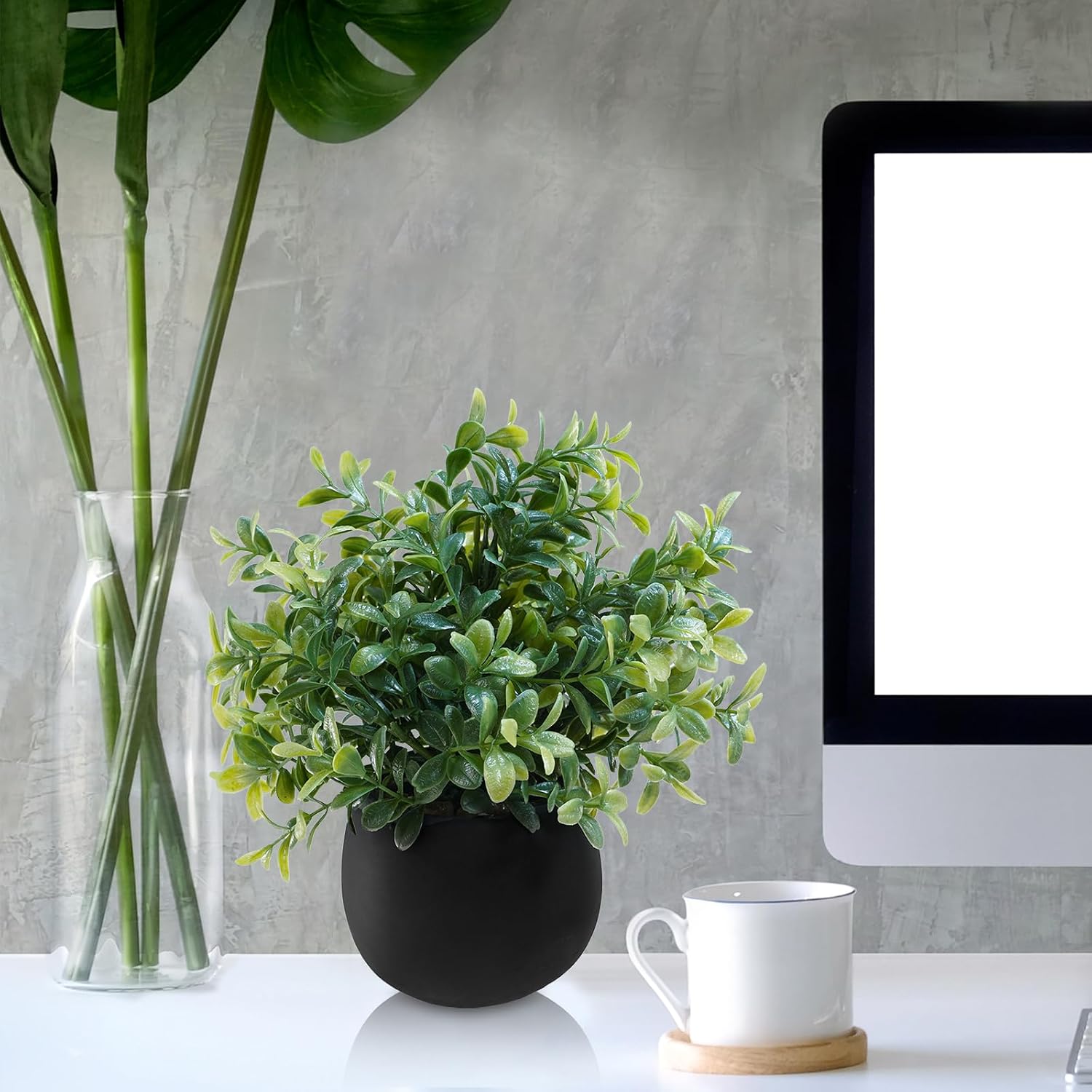Small Potted Faux Plants 8" Artificial Eucalyptus Rosemary Boxwood Plants / Black Pots / Set of 3