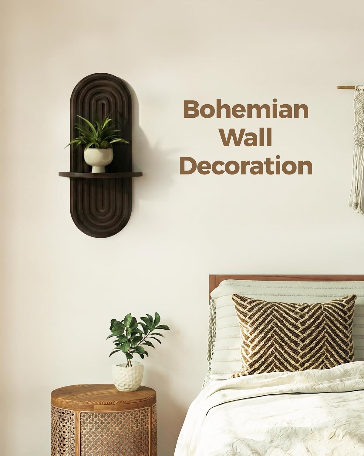 Boho Wall Decor Plant Wall Shelf / Walnut / 16.9'' Single / Brown