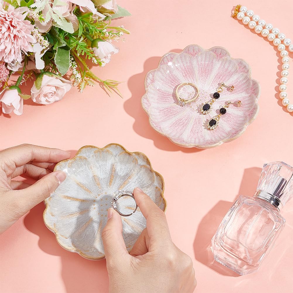 Ceramic Jewelry Tray / 2 Colors-pink Lotus Flower / Set of 2