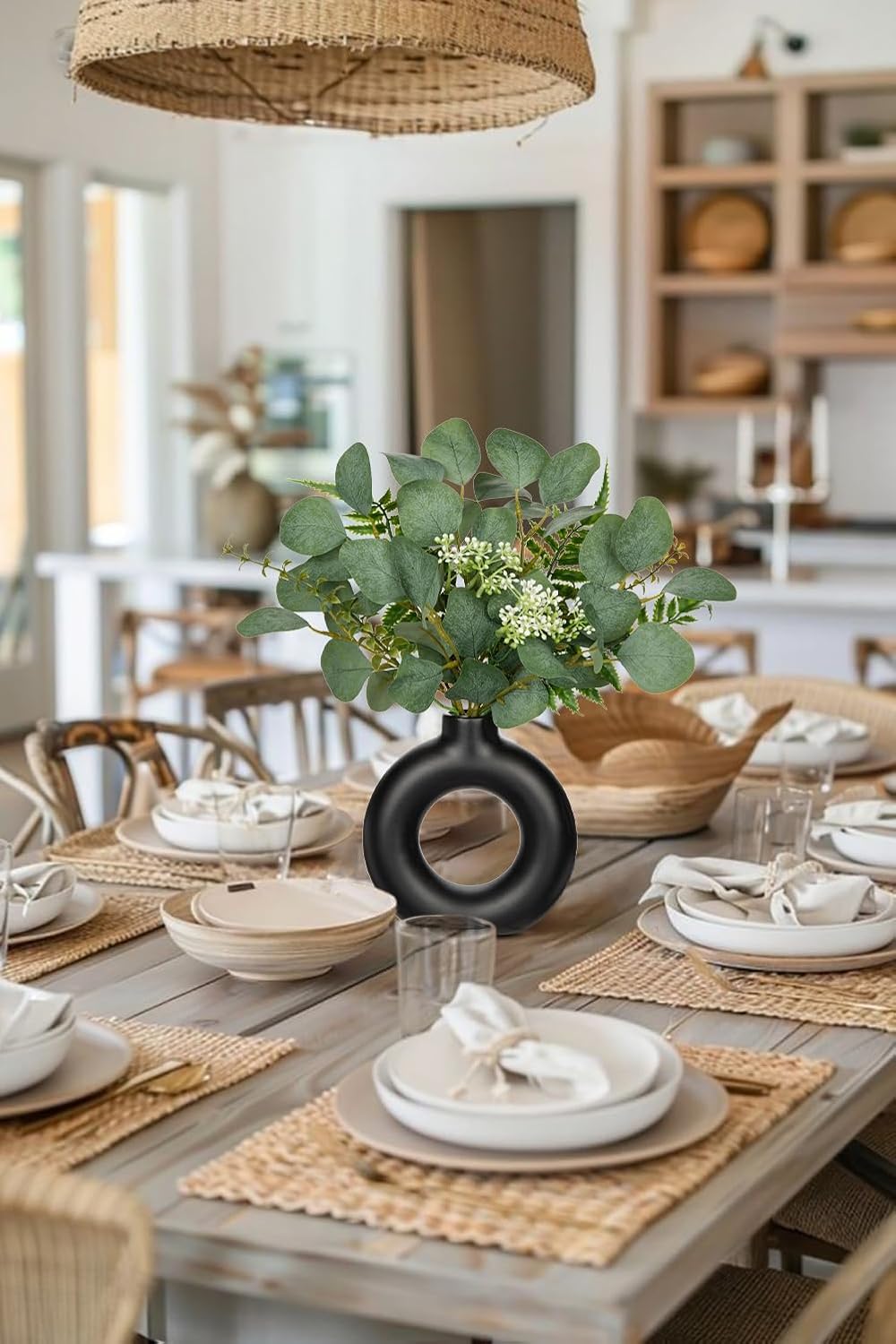 Artificial Eucalyptus Stems in Ceramic Vase 14.23" Fake Eucalyptus Plant Decor Donut Vase / Black