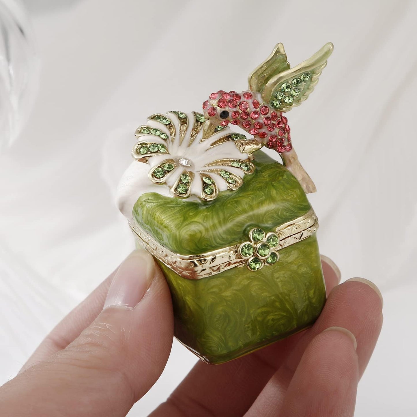 Unique Figurine / Hinged Jewelry Organizer for Ring Earrings / Green Hummingbird-3