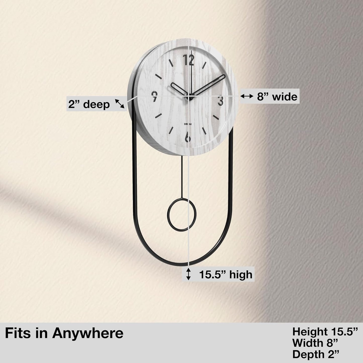 Driini Decorative Wall Clock with Pendulum (White) – Modern Wood, 3D Gold Numbers, Metal Frame – Small, Unique Wall