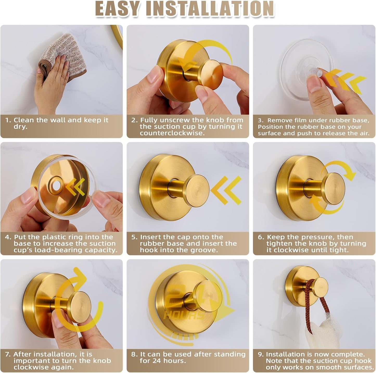 Suction Cup Hooks for Shower No-Drill Bathroom Hooks for Towels / Brushed Gold / Set of 2