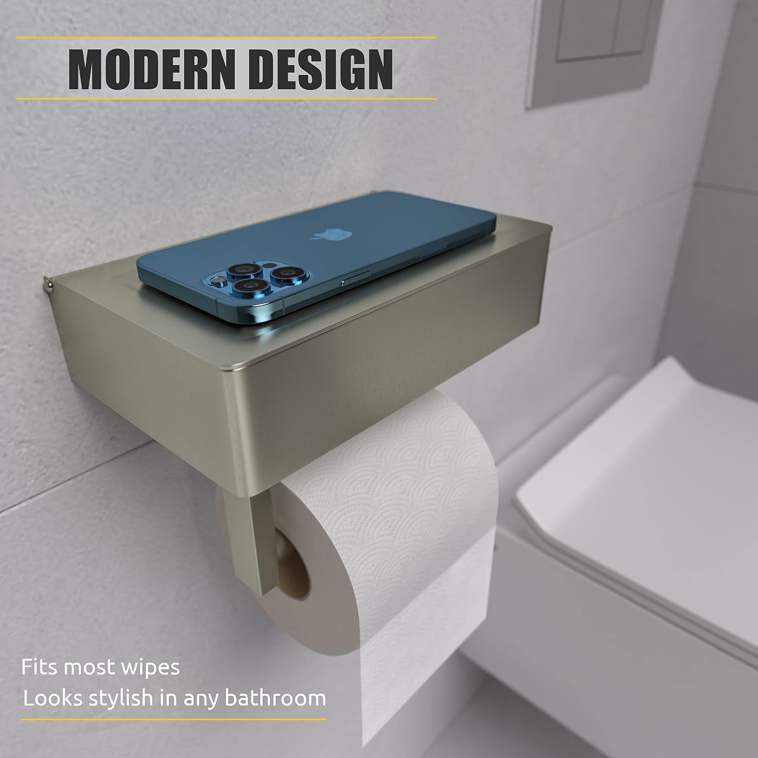 Brushed Nickel Toilet Paper Holder Wall Mounted with Shelf & Wipes Storage – Stainless Steel SUS304 Modern Toilet