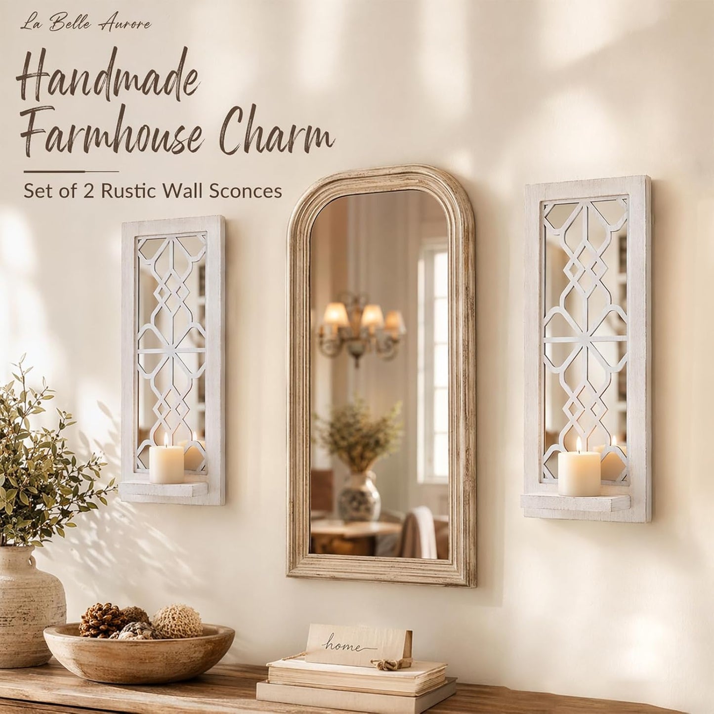 Rustic Candle Sconces Living Room Bedroom Entryway Wood Mirrored / White-16.5 Inch / Set of 2