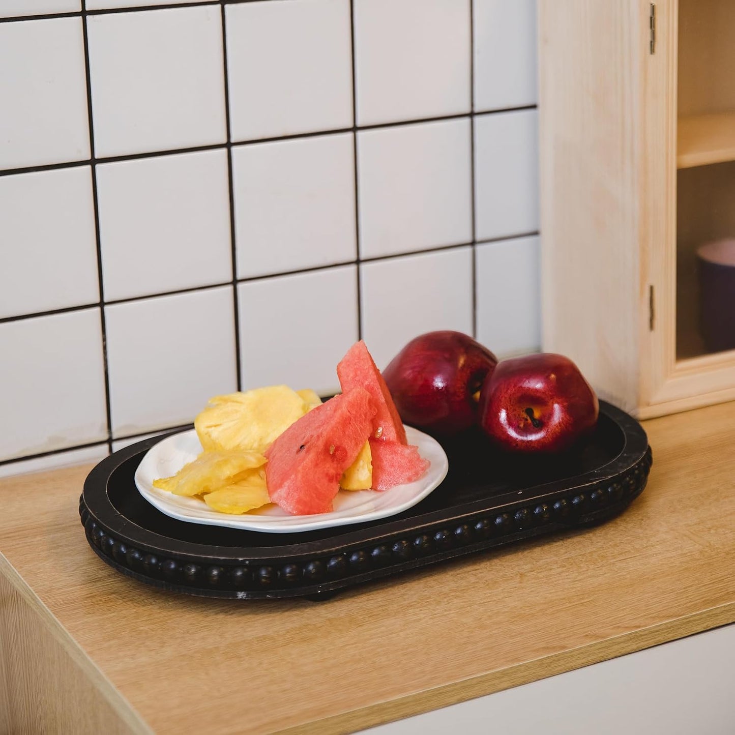 Black Wood Beaded Tray / 15inch Oval Black / 15 Inch
