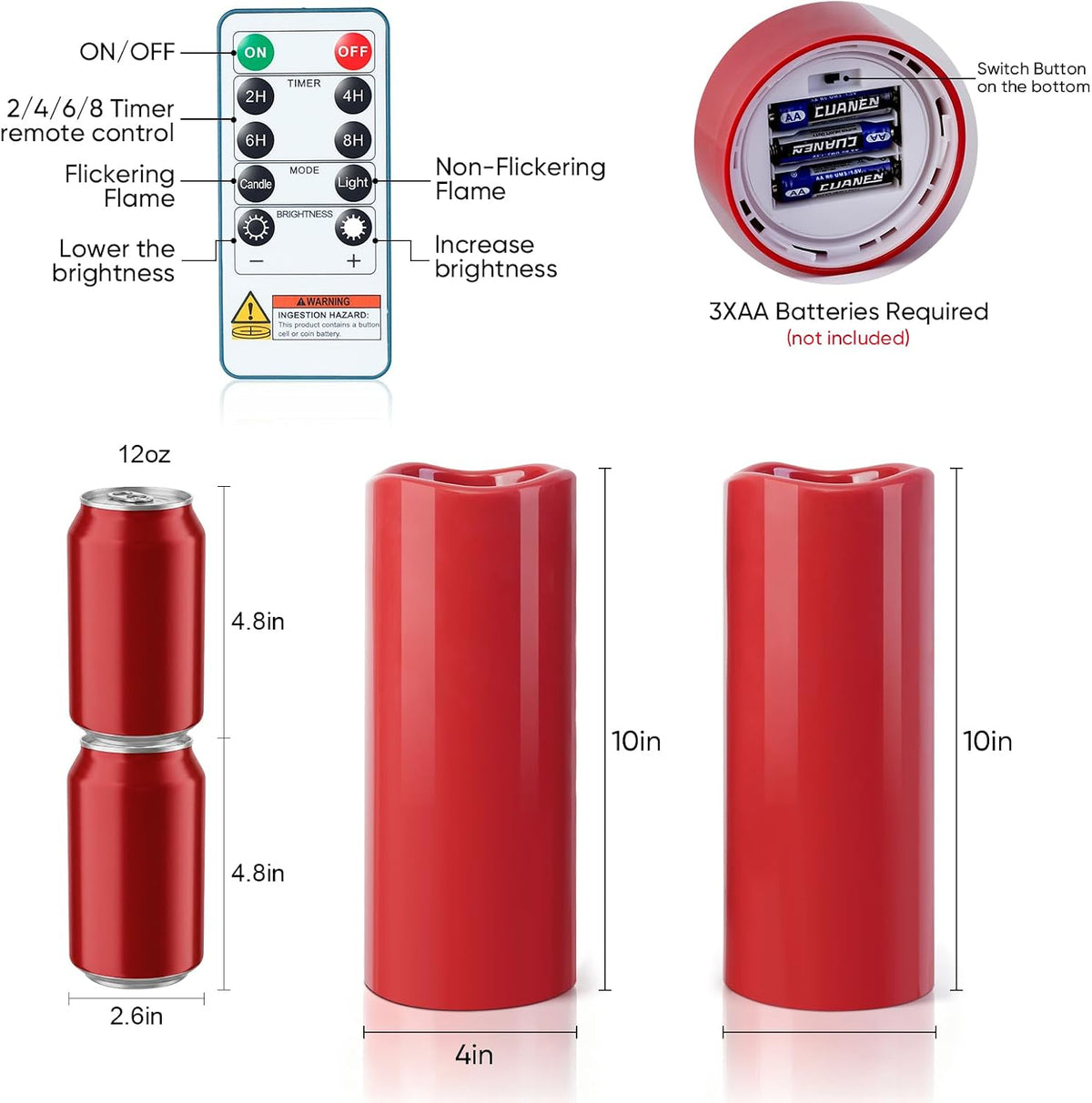5plots 4"x10" Large Waterproof Flameless Candles Red LED Pillar Set of 2 | Battery operated LED candles with remote