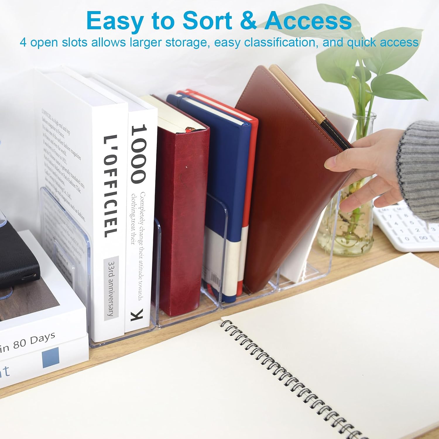 Sturdy Desk File Organizer Shelf Book Holder Purse Handbag Clutch Divider File / Clear / Set of 4