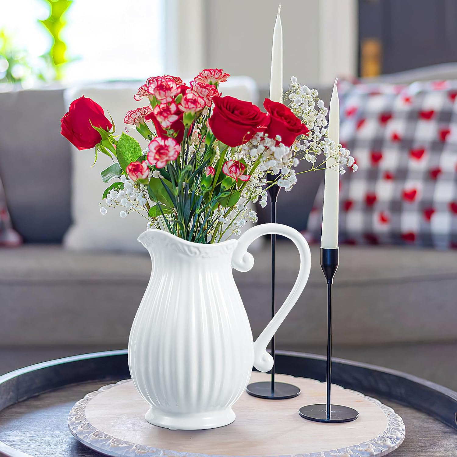Ceramic Pitcher Vase Striped Porcelain Flower Pot Decorative Dried Flower Vase / 7.87 x 6.69 x 3.14