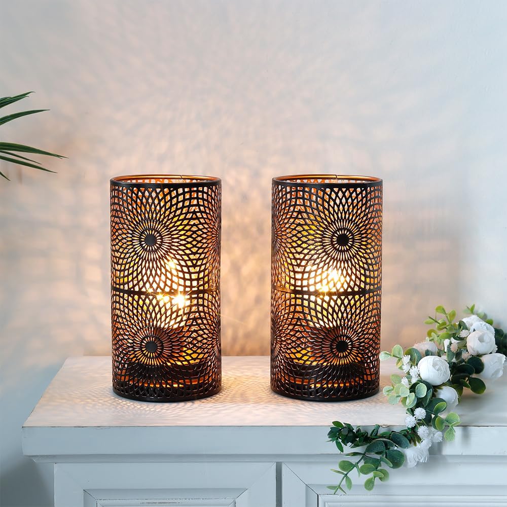 JHY DESIGN Set of 2 Black Table Metal lamp Battery Powered Cordless Accent Light with Edison Style Bulb Battery