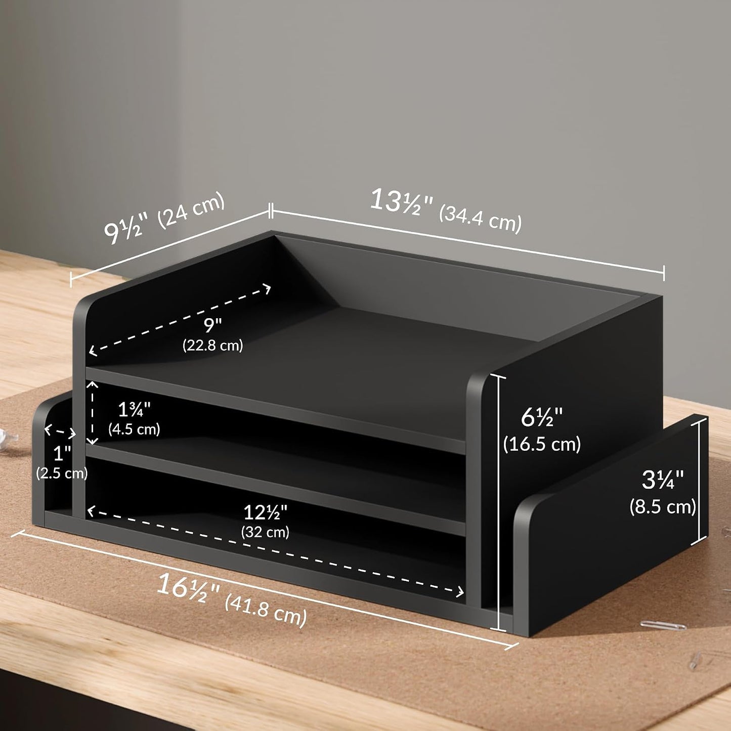 Ballucci 3-Tier Desk Organizer with 2 Side Mail Sorter Slots, Wood Letter Tray, Open Top Paper Organizer, Desktop File