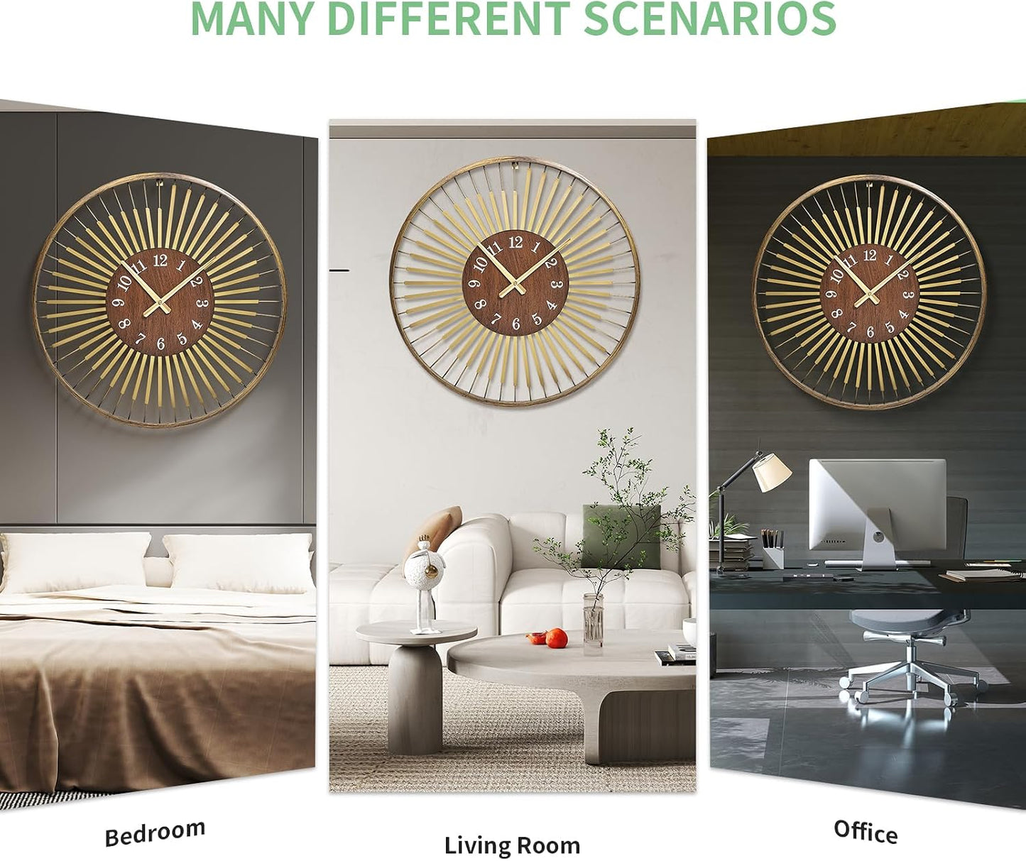 24 Inch Mid-Century Modern Wall Clock | round frame with walnut center, silent quartz clock, gold accents, decor wall