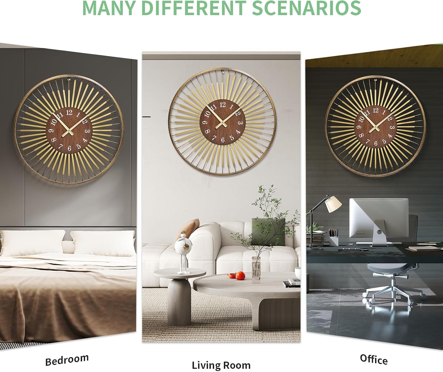 24 Inch Mid-Century Modern Wall Clock | round frame with walnut center, silent quartz clock, gold accents, decor wall