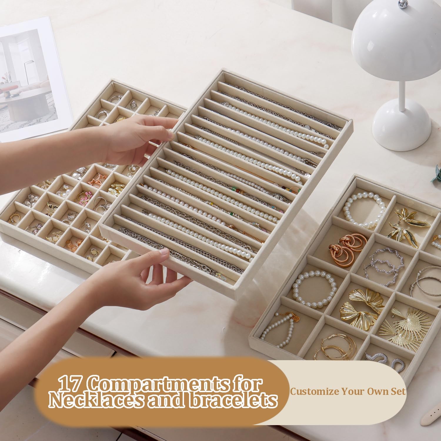 Large Velvet Jewelry Tray Stackable Jewelry Display Drawer Inserts / Beige / 16 Grids / Set of 2