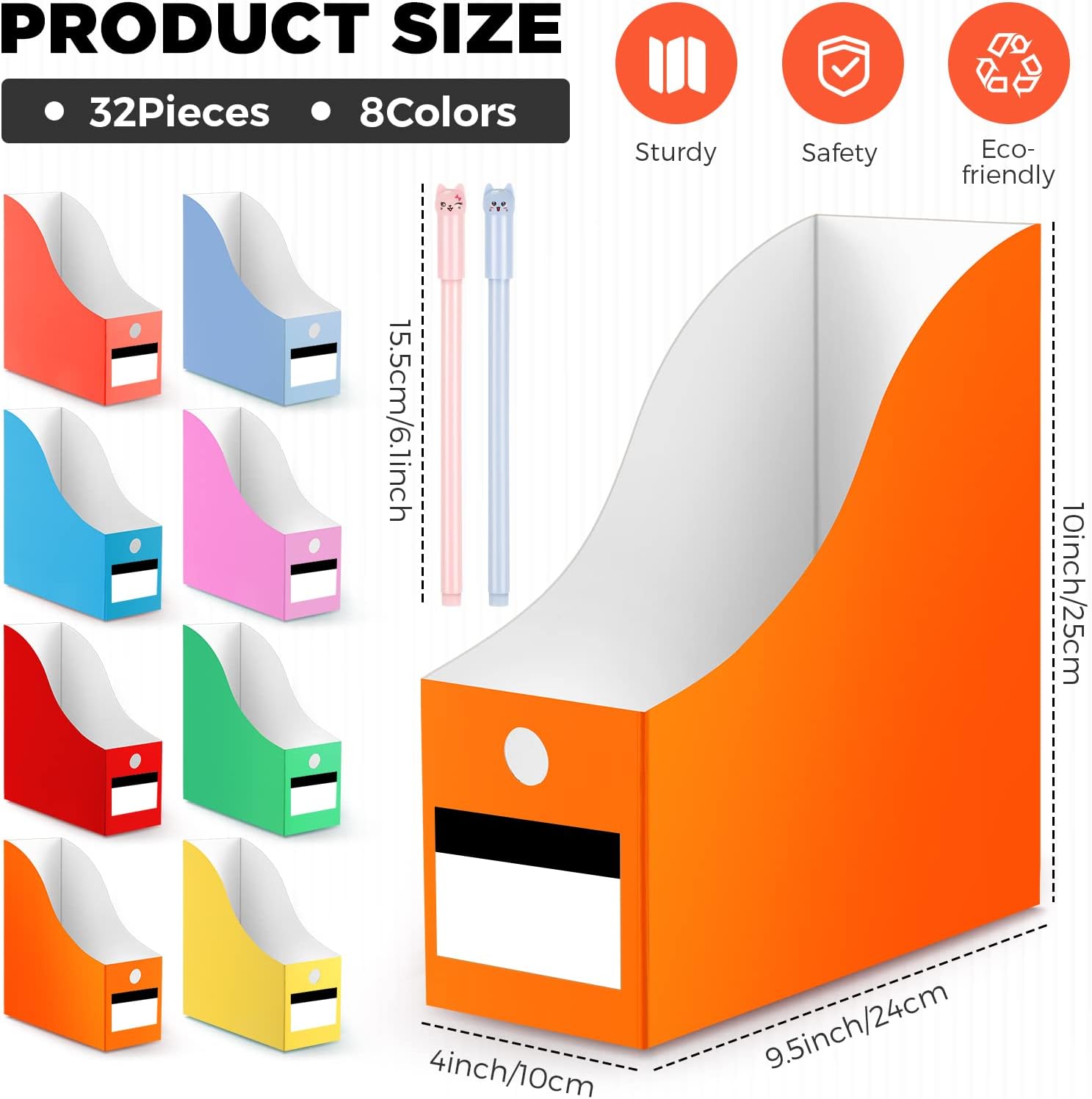 32 Pcs Magazine File Holder Set Including Colored Foldable Desk File Holder Organizer White Label Stickers Cat Pen