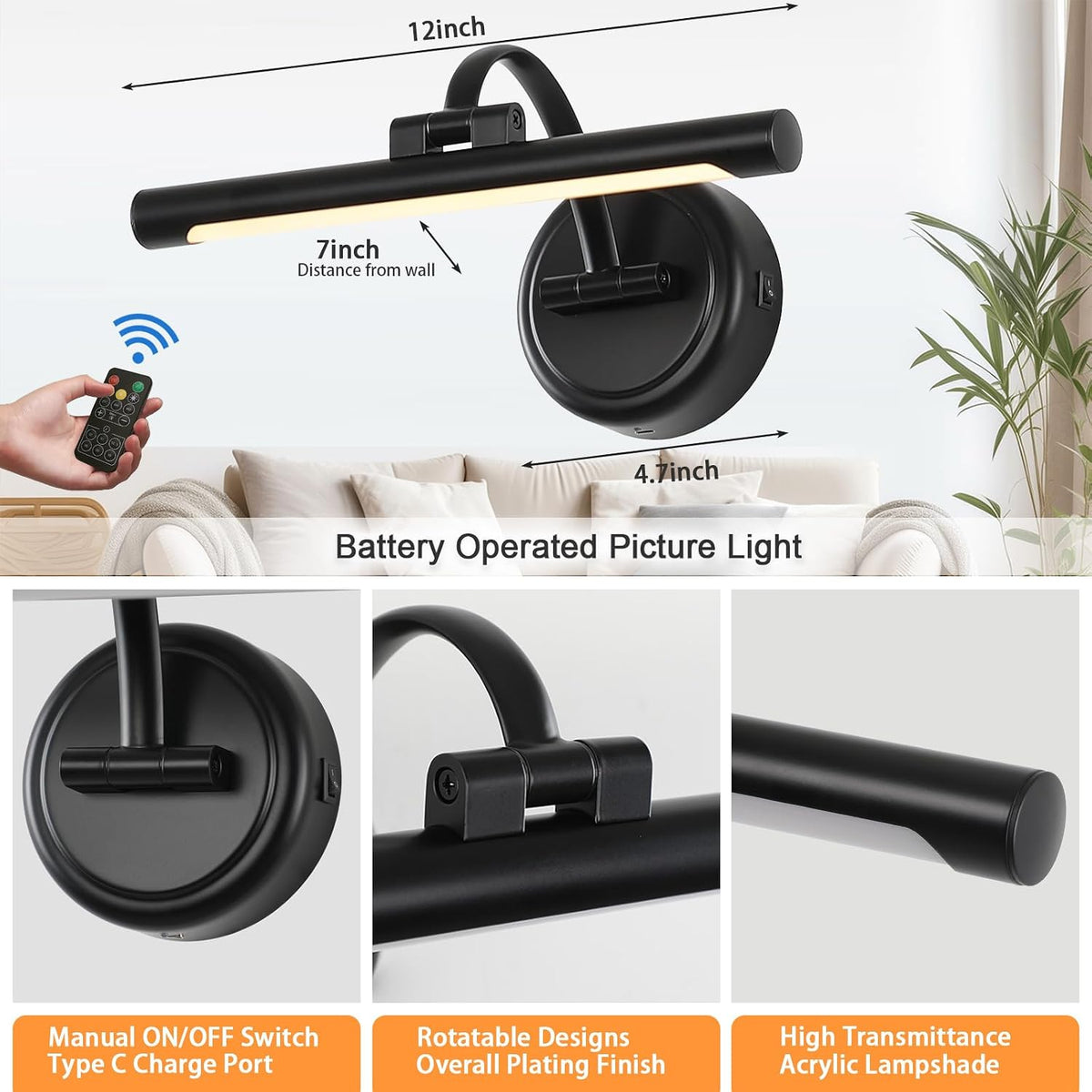 Tassuowell Rechargeable Picture Light for Wall, Cordless Art Lights Battery Operated, Dimmable Wall Light with Remote &