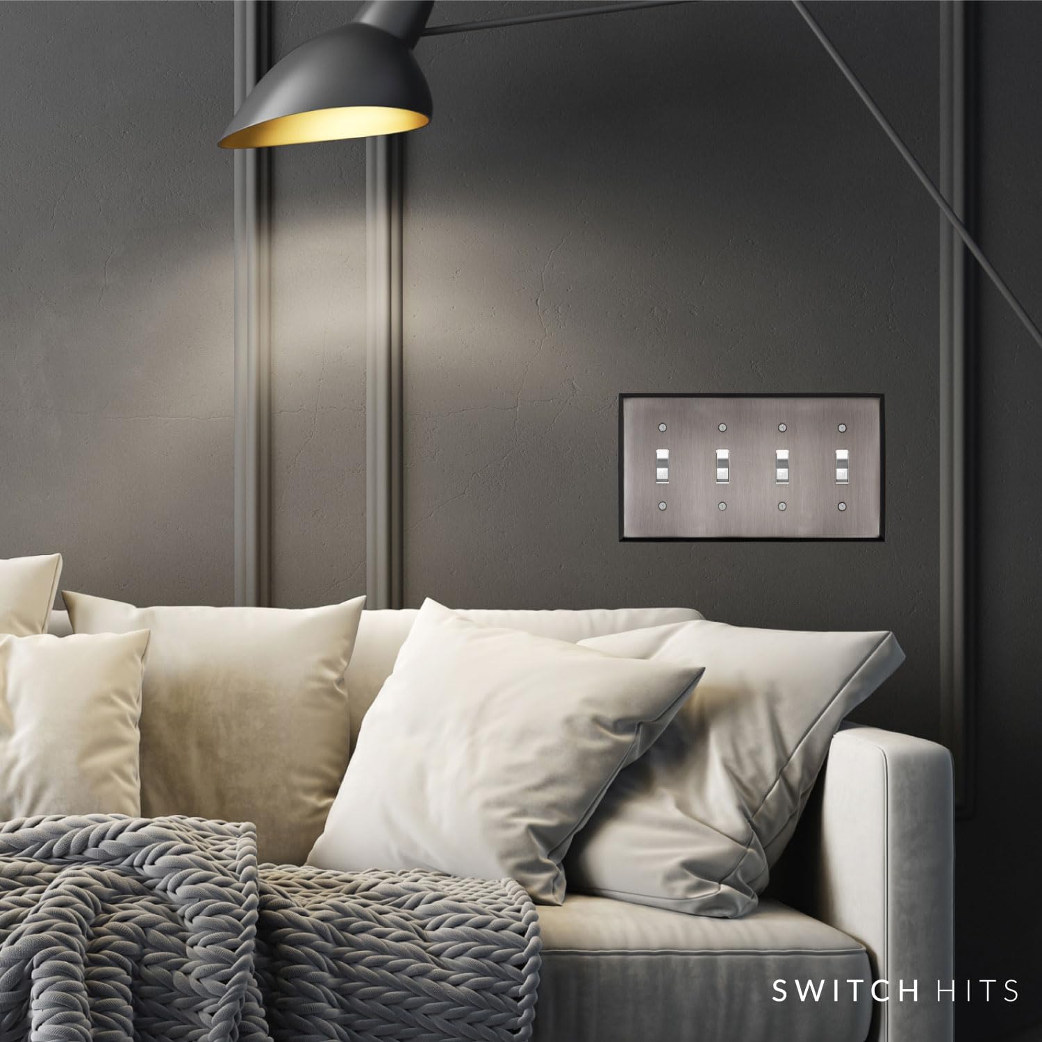 Antique Pewter Outlet Wall Plate | 4 Toggle | 8.25" x 4.5" | Hand-Polished Brass Construction | Electrical Switch Plate