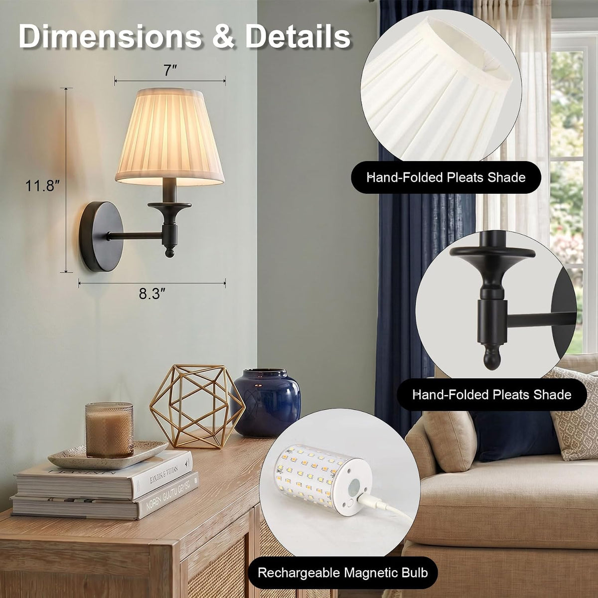 Battery Operated Wall Sconces Set of 2, Black Wireless Wall Lights with 8000mAh 3 CCT Color Temperature & Dimmable
