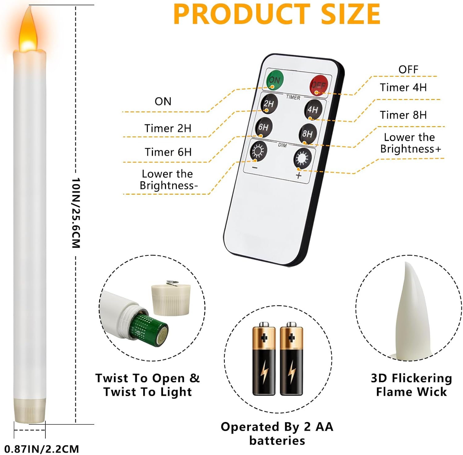 wemarry Flameless Taper Candles 10" Dripless Battery Operated Taper Candles Included Remote Timer 400+ Hours by 2AA