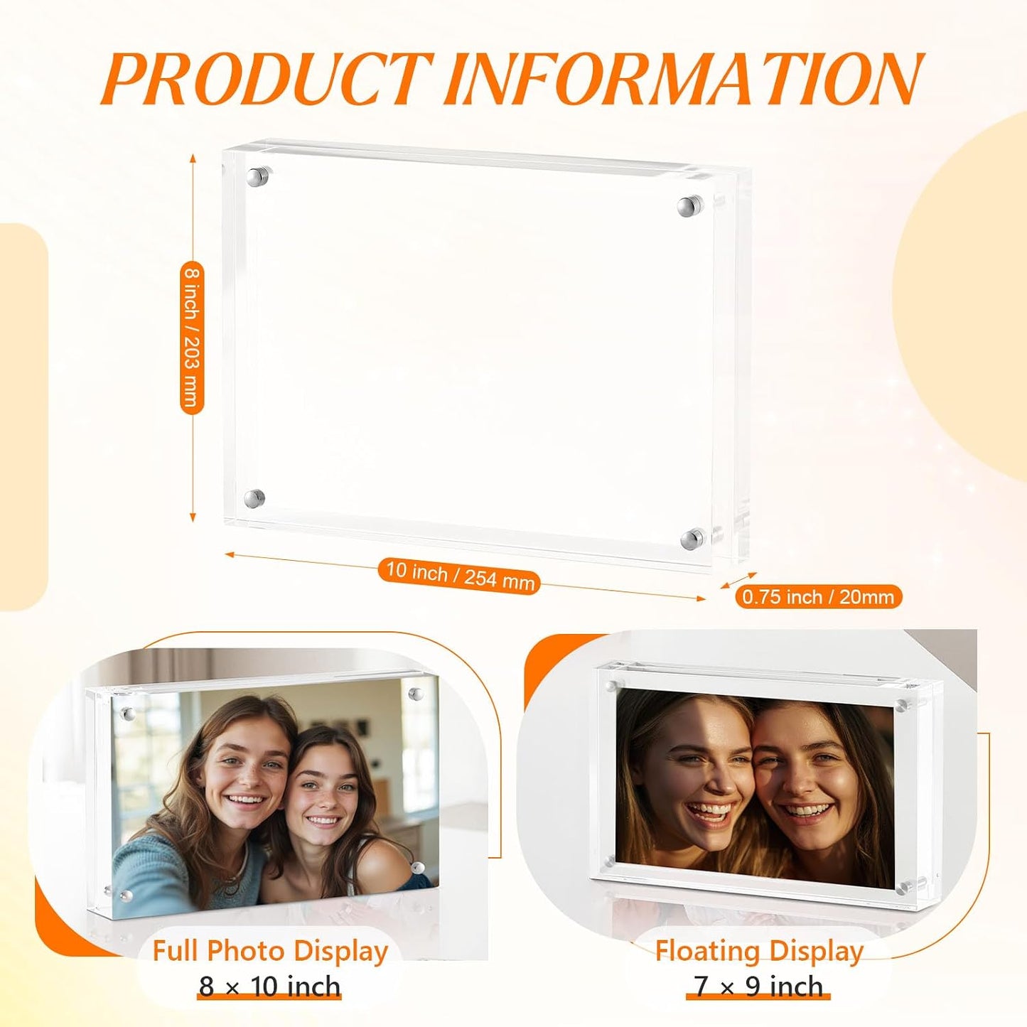 2 Pcs Acrylic Picture Frame, 8x10 Magnetic Photo Frames 20mm Thicker | Frameless Clear Picture Frame for Display