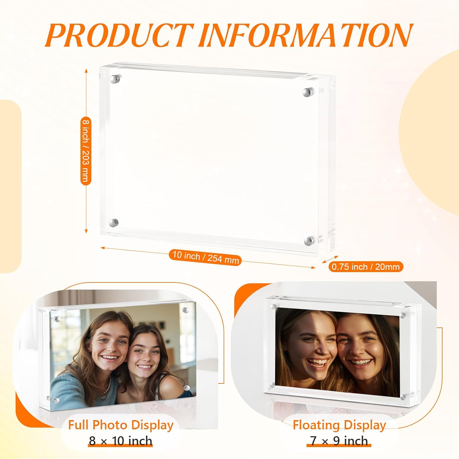2 Pcs Acrylic Picture Frame, 8x10 Magnetic Photo Frames 20mm Thicker | Frameless Clear Picture Frame for Display