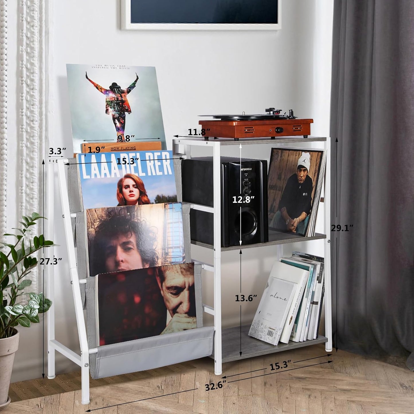 HYCFYJR Record Player Stand, Vinyl Record Storage with Now Playing Holder | 3 Tier Turntable Stand with Album Storage