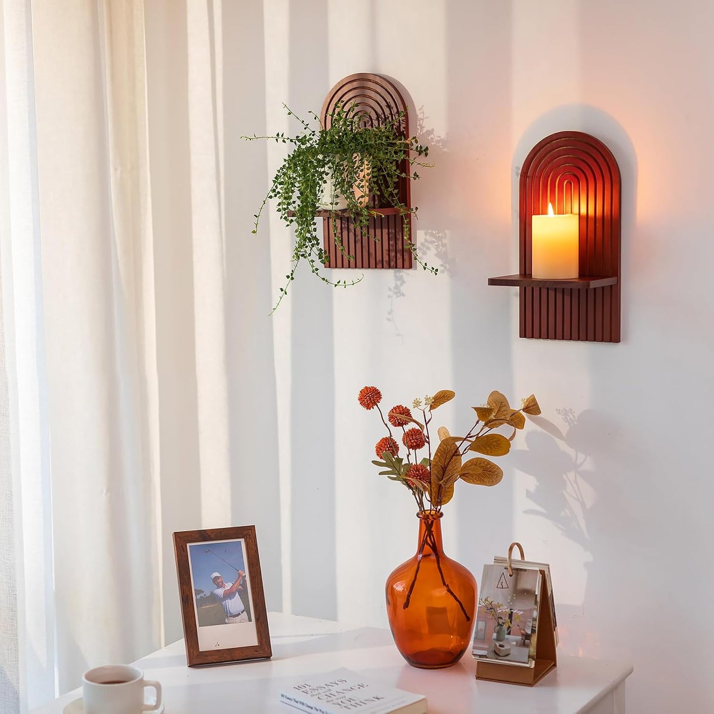 Mid Century Modern Candle Sconces / Walnut Color / Set of 2