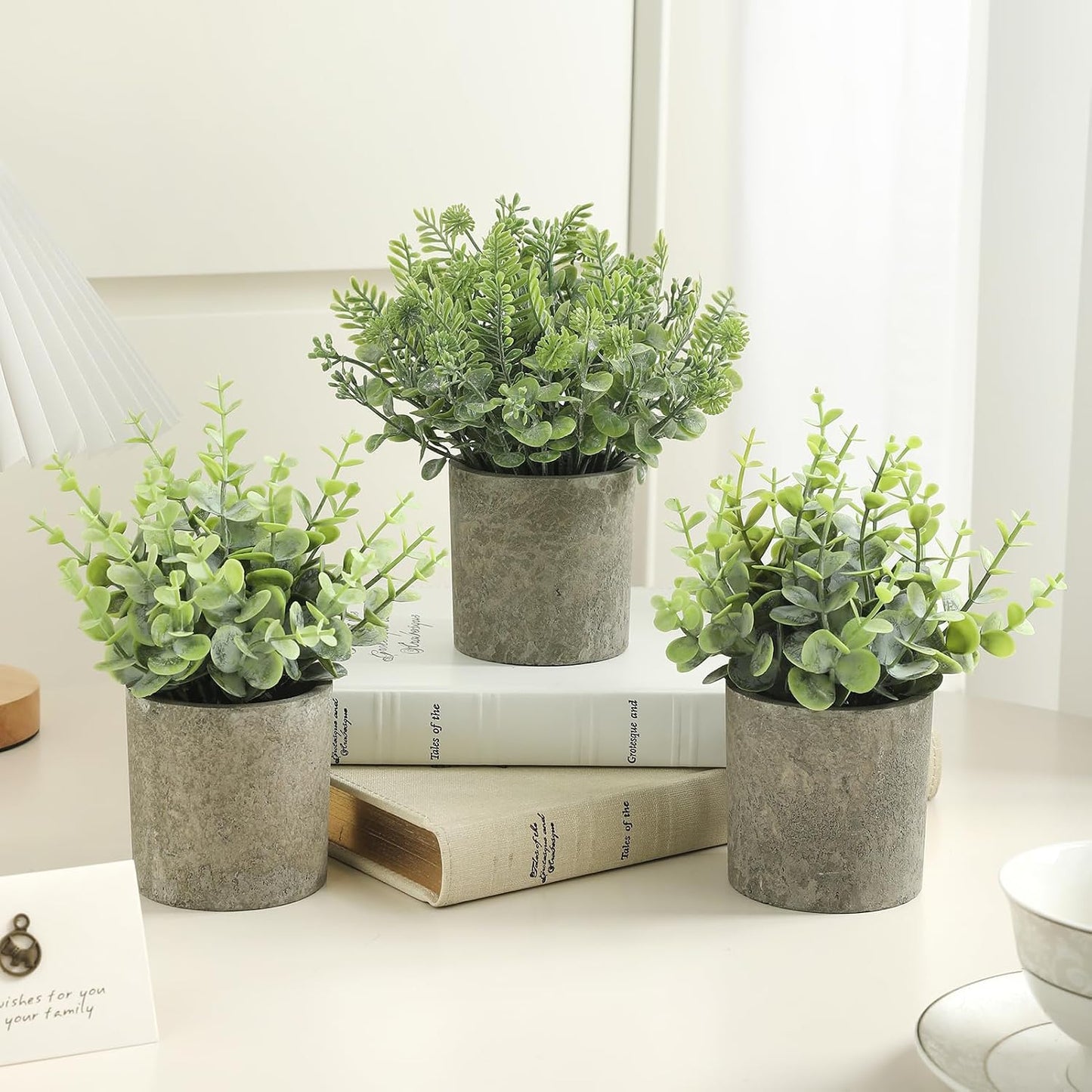 Mini Potted Fake Plants Artificial Plastic Indoor Eucalyptus Plants / Light Green / Set of 3