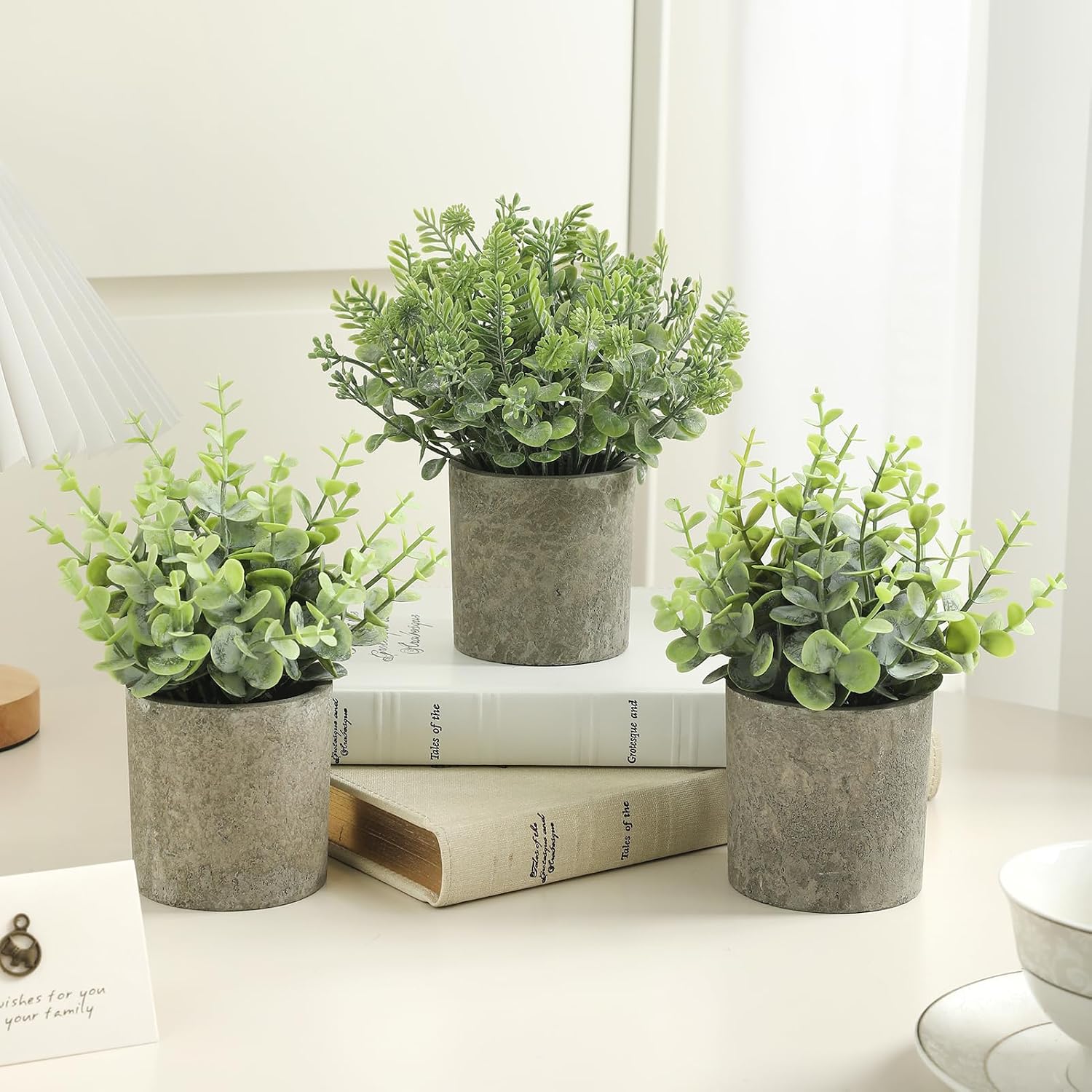 Mini Potted Fake Plants Artificial Plastic Indoor Eucalyptus Plants / Light Green / Set of 3