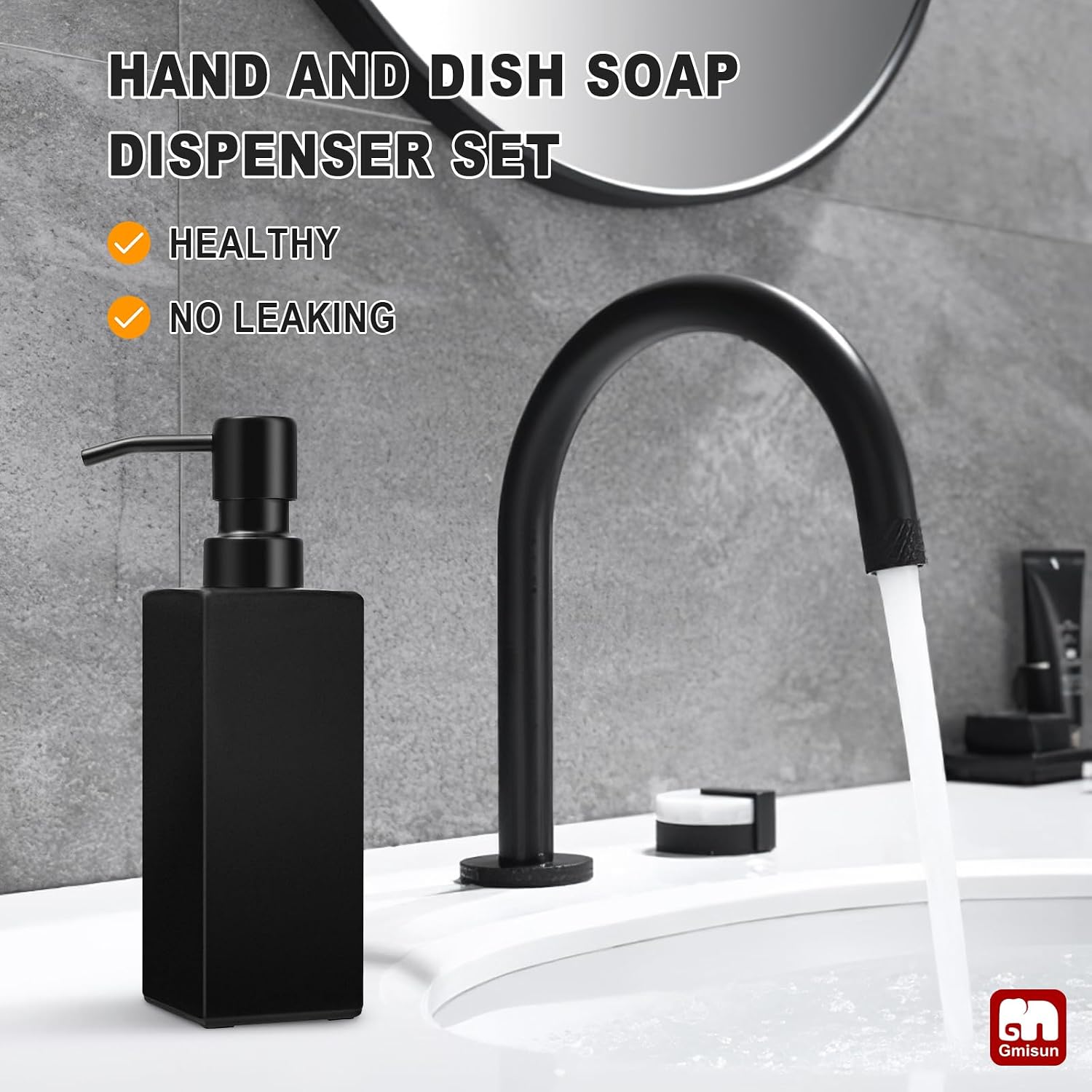 GMISUN Black Soap Dispenser, Hand Soap Dispenser Bathroom, 12 fl oz/350ml Glass Soap Dispensers with Stainless Steel
