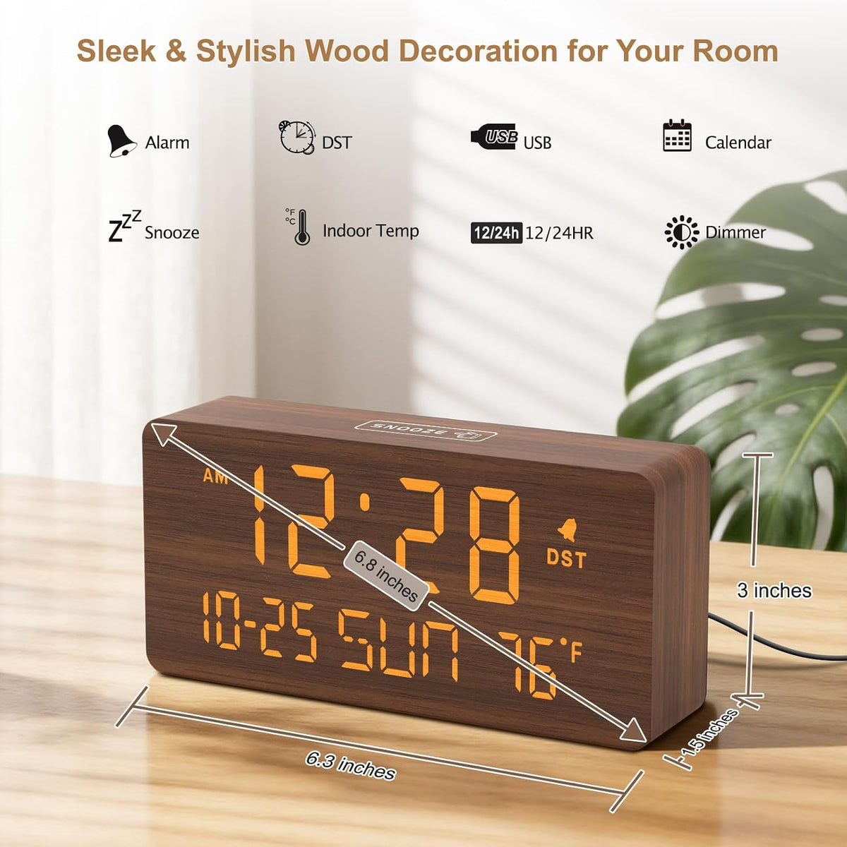 DreamSky Wooden Digital Alarm Clocks for Bedrooms with Date & Day of Week | Living Room Desk Clock, Temperature, USB