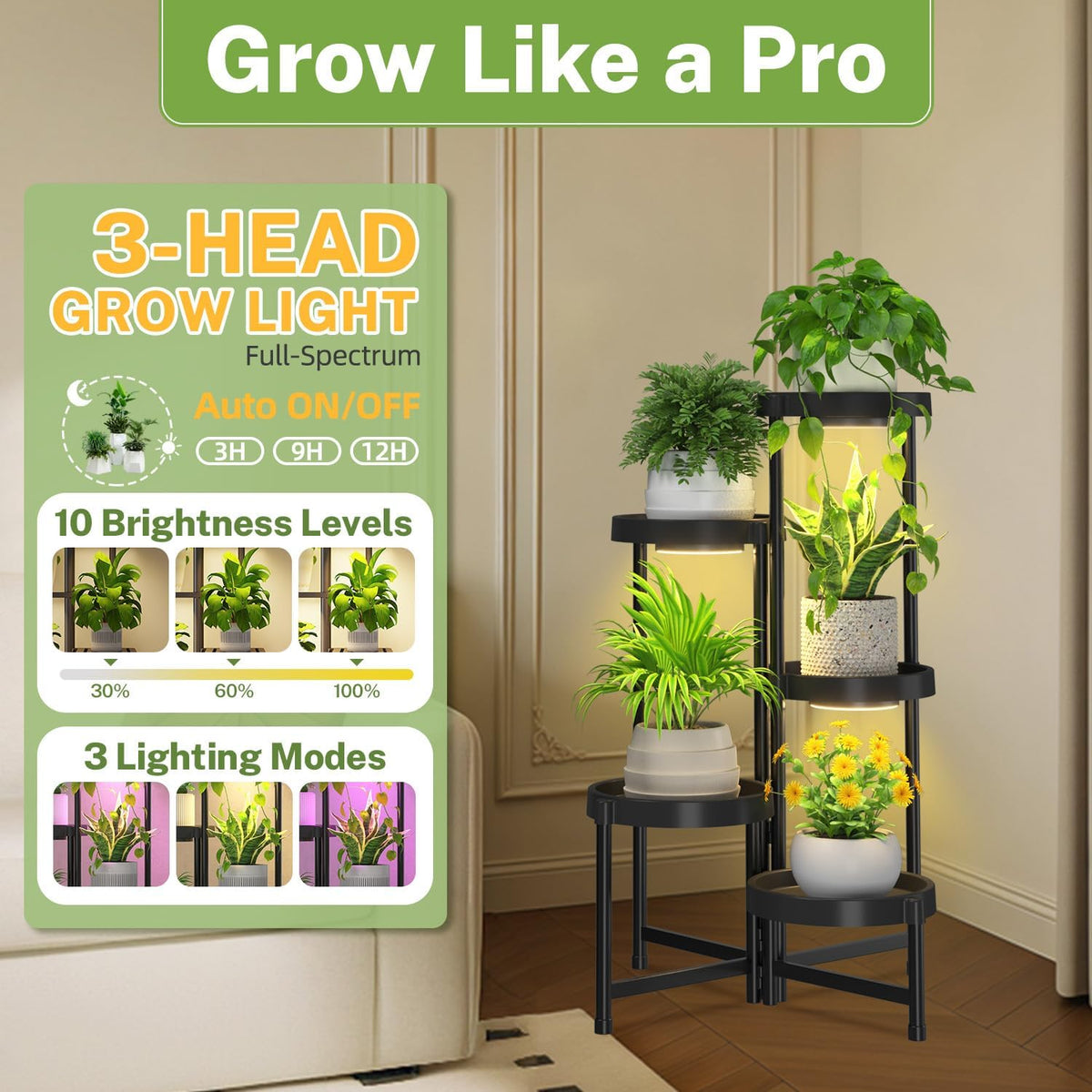 iDavosic.ly 5 Tier Folding Plastic Plant Stand Indoor, Grow Light, Black | Space Saving Tiered Corner Storage Display