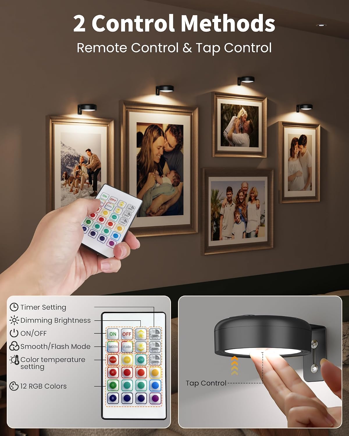 Picture Lights for Wall,Wireless 2000mAh Rechargeable Magnetic LED Puck Lights with Remote,3 Color Temps and 12