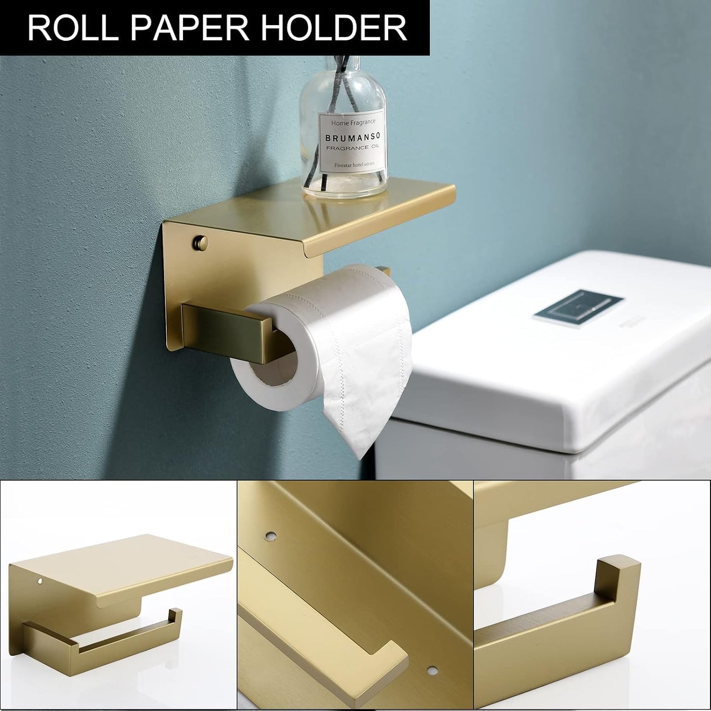 5-Piece Bathroom Hardware Set 23.6 Inch Gold Towel Bar Set Towel Bar Towel Ring Coat Hook and Toilet Paper Holder with