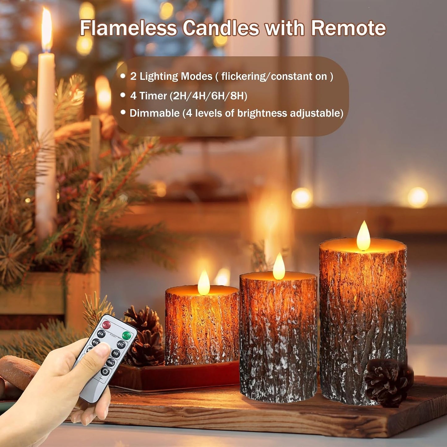 Pine Bark Flameless Candles Set of 3, Christmas Candles with Remote & Timer | Flickering Real Wax Pillar Candles