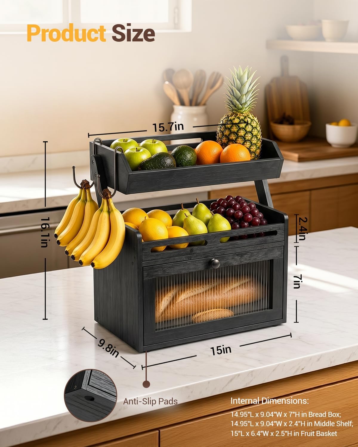 Bread Box for Kitchen Countertop, Bamboo Bread Storage with Fruit Basket | Black Large Bread Container, Raised-Rail