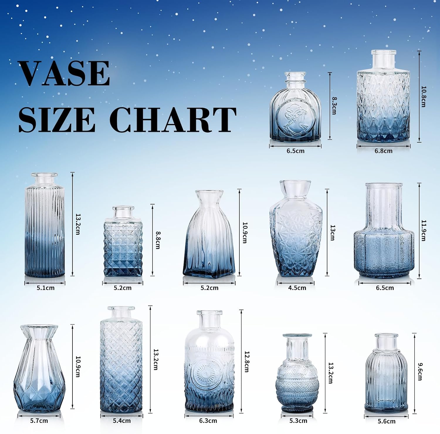 Small Mini Glass Vases for Centerpieces / Ombre Blue / Set of 12