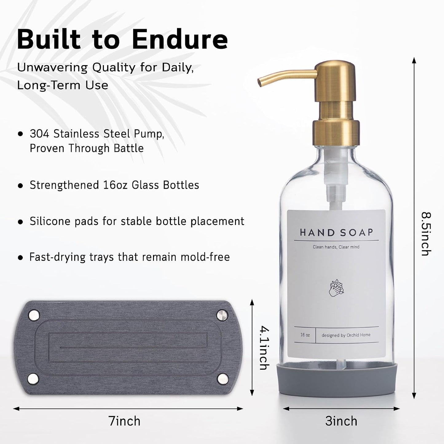 [Luxury] Kitchen Soap Dispenser Set - 16OZ Clear Glass Bottle, Stainless Steel Pump, Instant Dry Tray, Waterproof