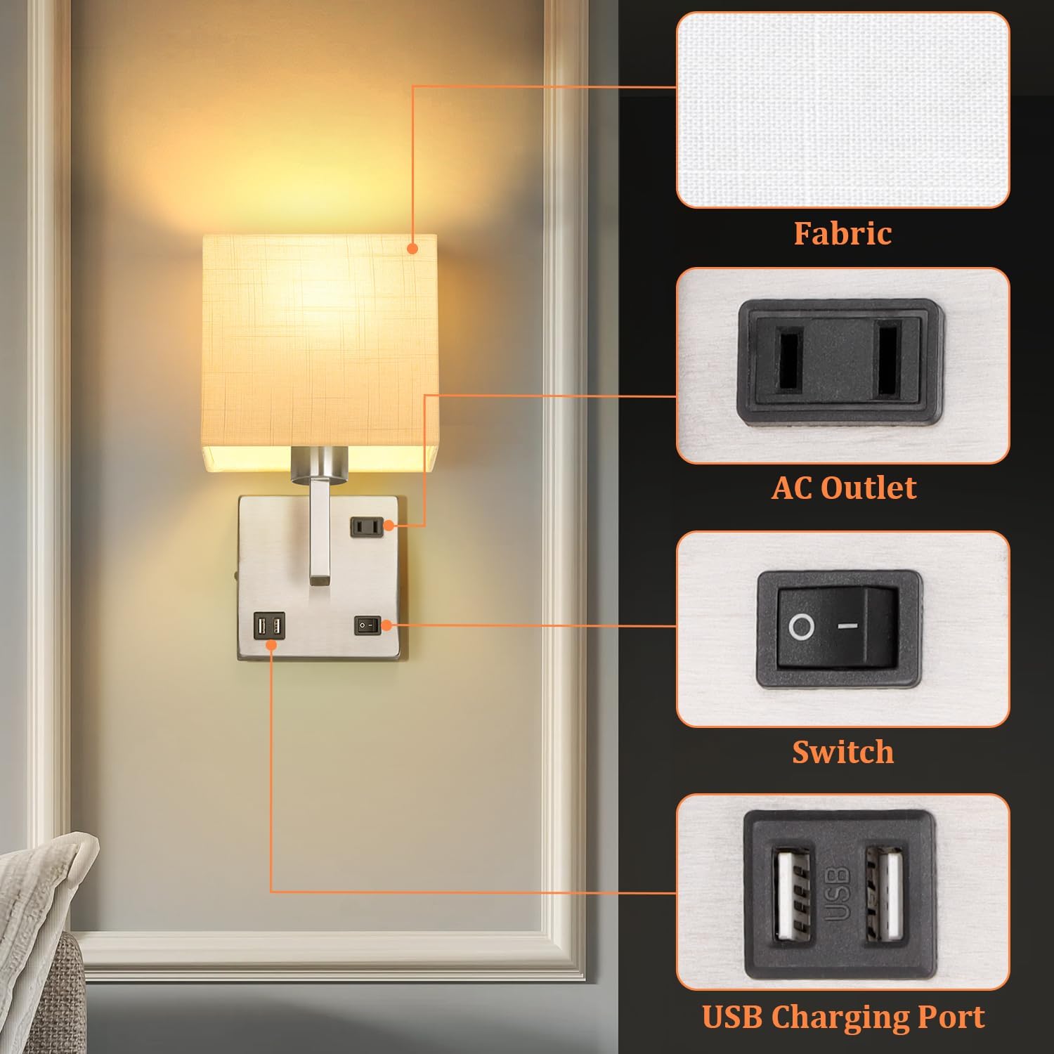 AVV Bedroom Sconces Set of 2, Wall Mounted Bedside Lamps with USB Port, AC Outlet and 3 Color Selectable