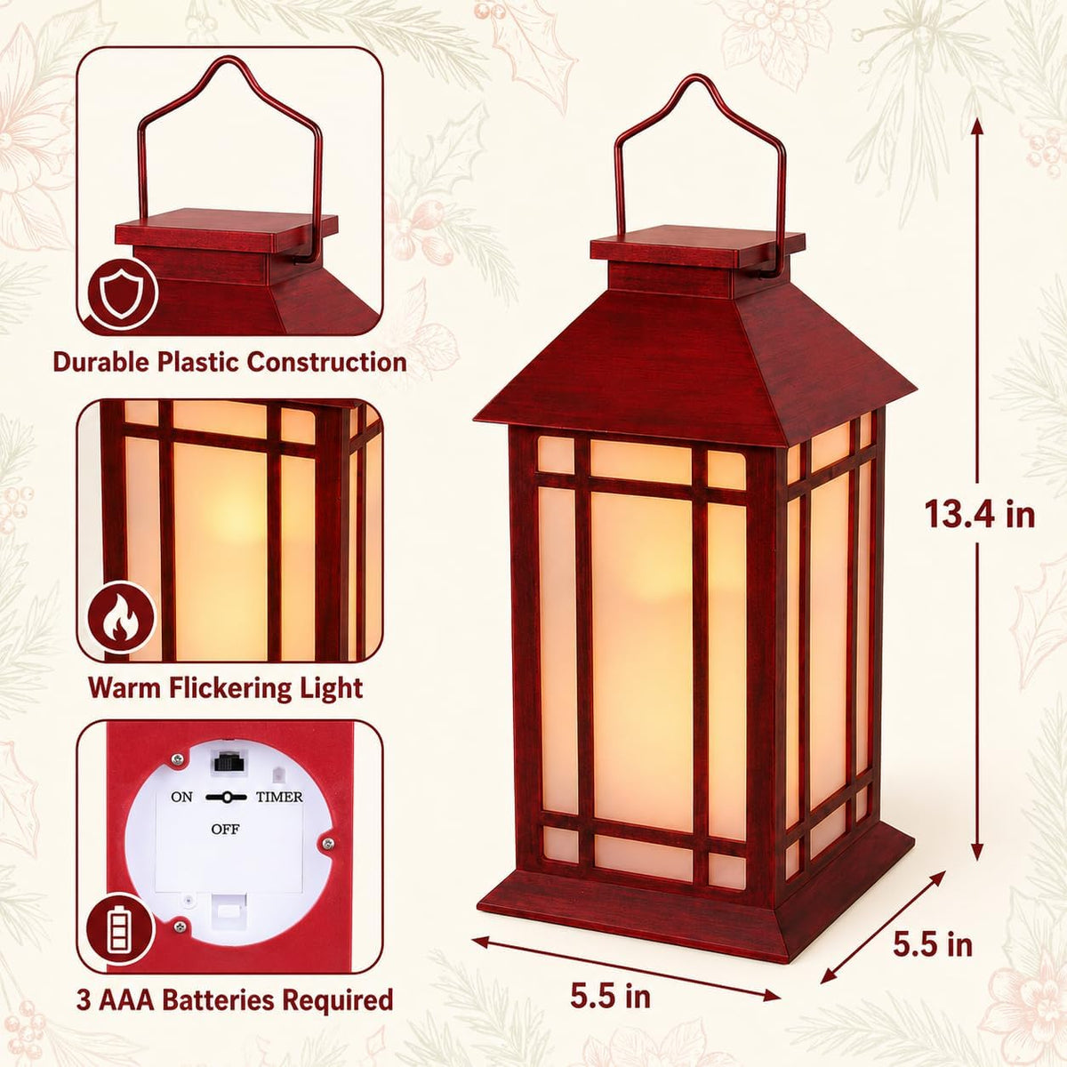 Bdor 13 Inch Christmas Outdoor Decorative Lanterns with Candle Timer 2 Pack | Battery powered convenience, cozy